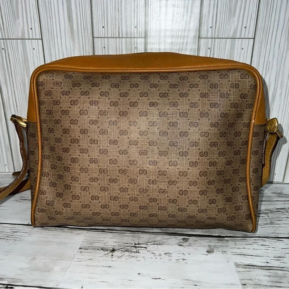 Gucci Vintage GG Monogram Canvas Crossbody Bag Brown Leather Trim Messenger